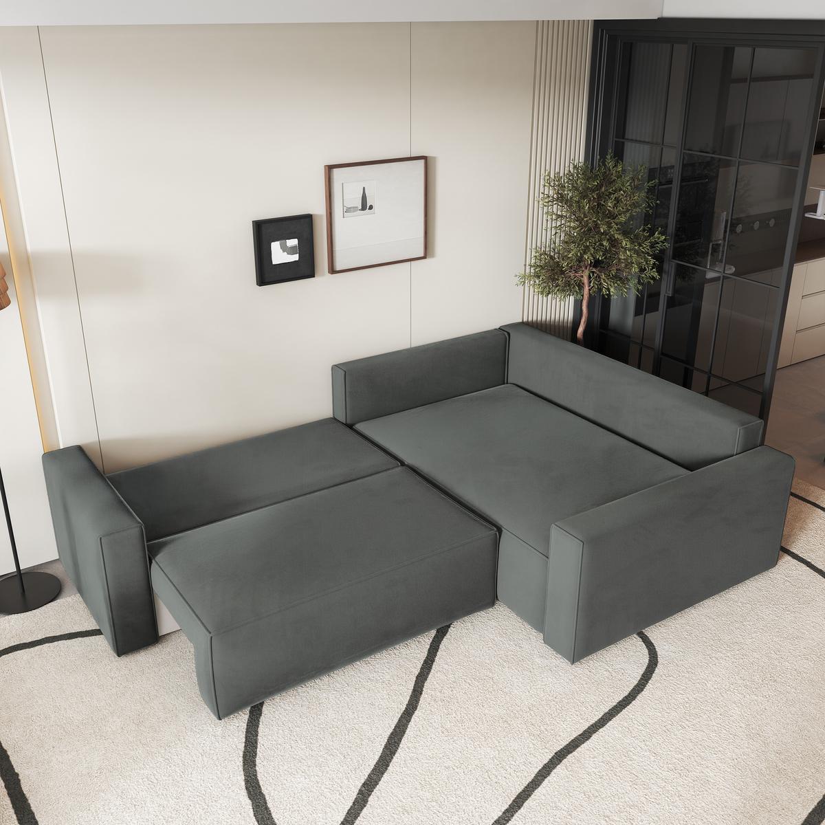 ECKSOFA ERONIS R-S Grau Velours-Stoff mit Schlaffunktion - Grau, Holz (265/194cm) - MASSENO