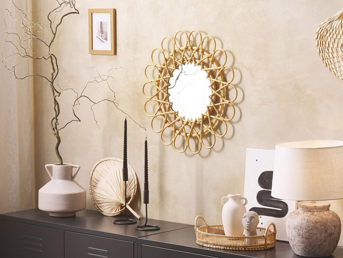 WANDSPIEGEL Rattan natürlich Sonnenform 60 cm Babai - Beige/Naturfarben, Naturmaterialien (60/60/3cm) - Beliani