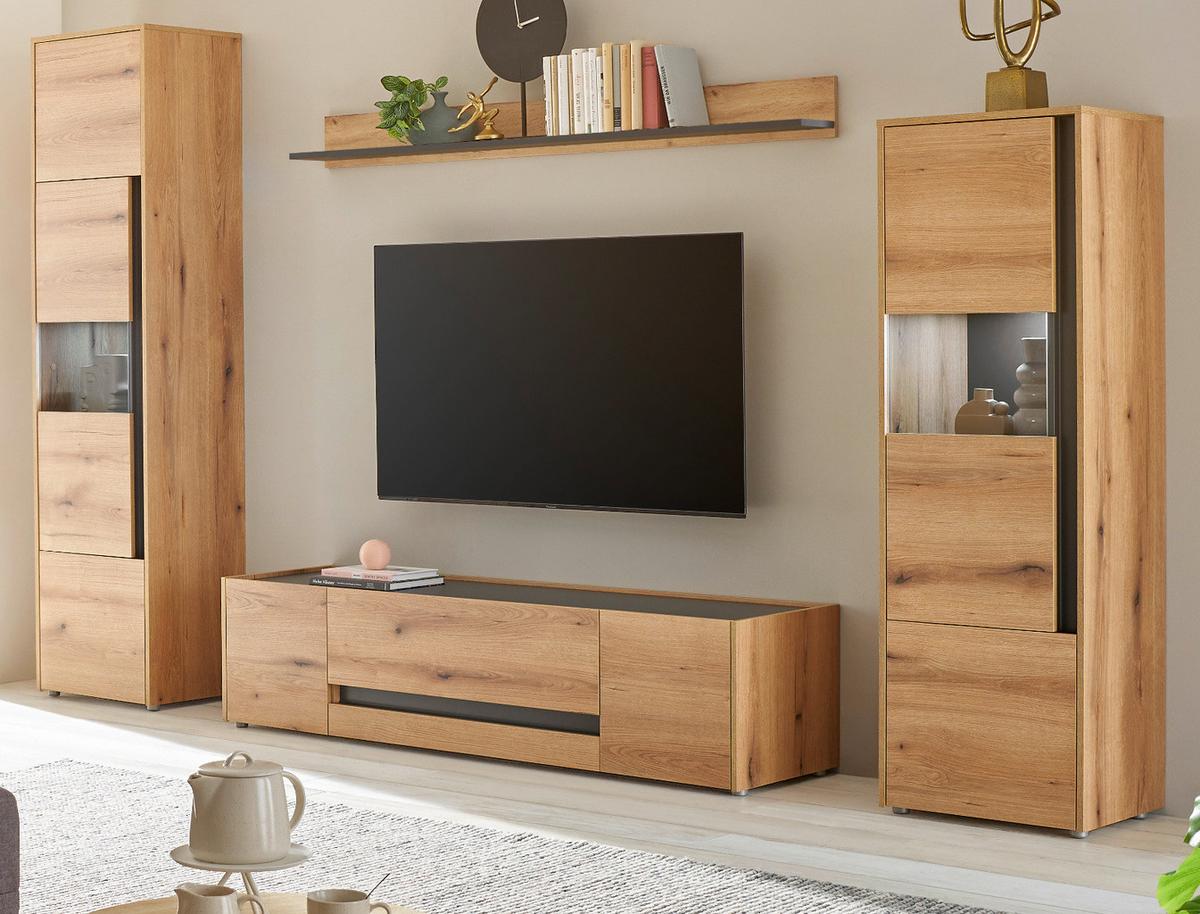WOHNWAND Evoke Eiche, grau, Wohnkombination Set 4-teilig, 310 cm - Eichefarben/Grau, Glas/Holz (310/197/45cm) - Furn.Design