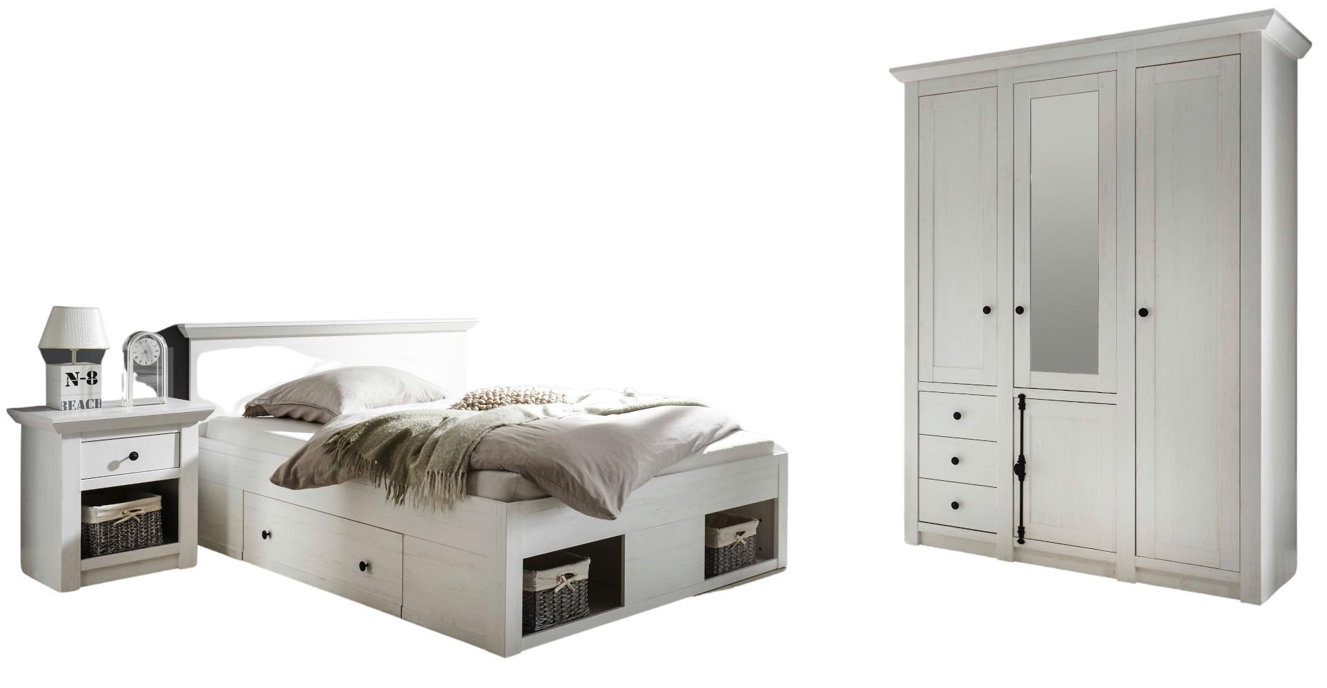 SCHLAFZIMMER Pinie weiß Set 3-teilig mit Bett, Kleiderschrank und Nachttisch - Schwarz/Weiß, Glas/Holzwerkstoff (155/206/212cm) - Furn.Design