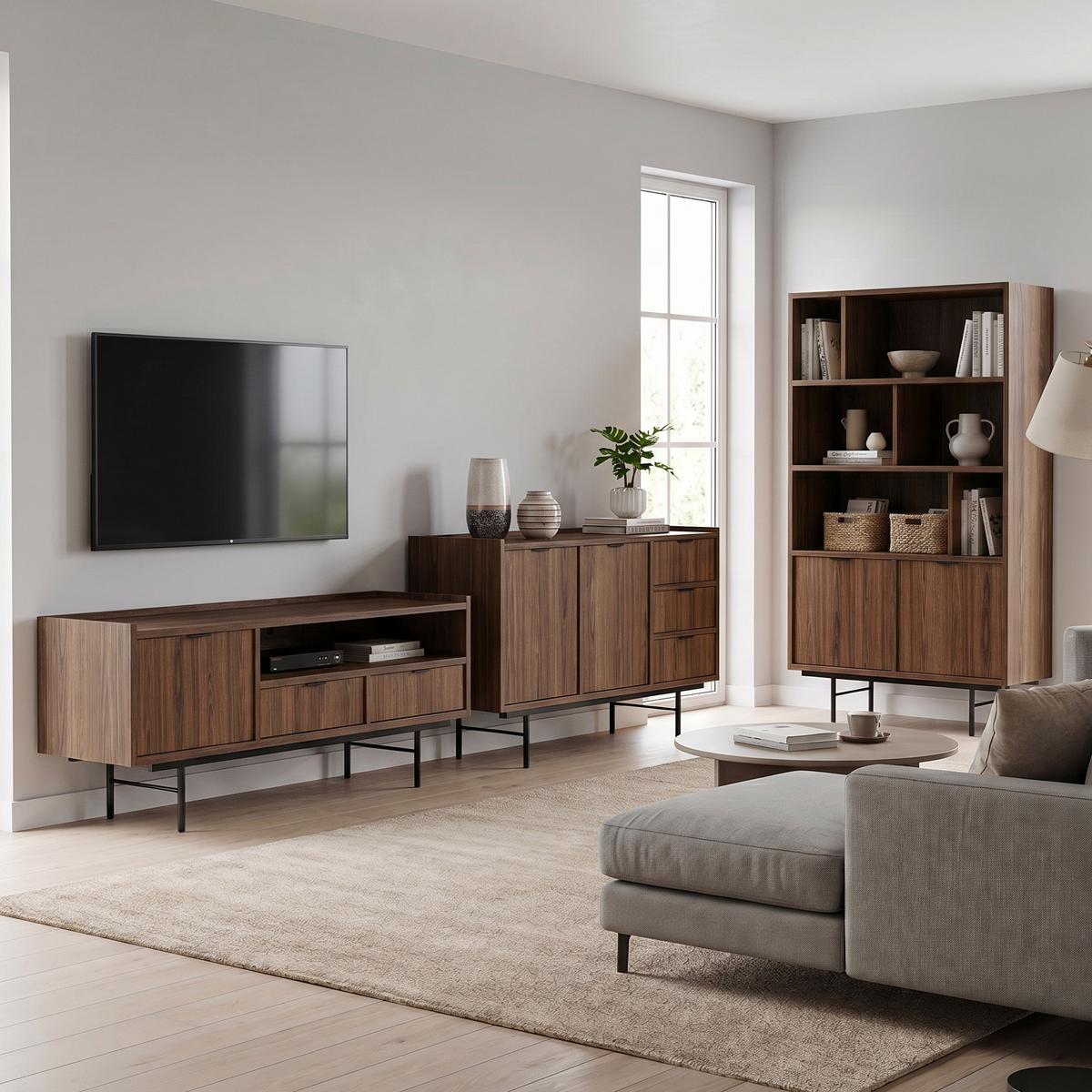 WOHNWAND Evron Kommode 150 cm TV-Board 150 cm Bücherregal 90 cm, Walnuss - Walnussfarben/Schwarz, Holzwerkstoff/Metall (150/90/40cm) - Beautysofa
