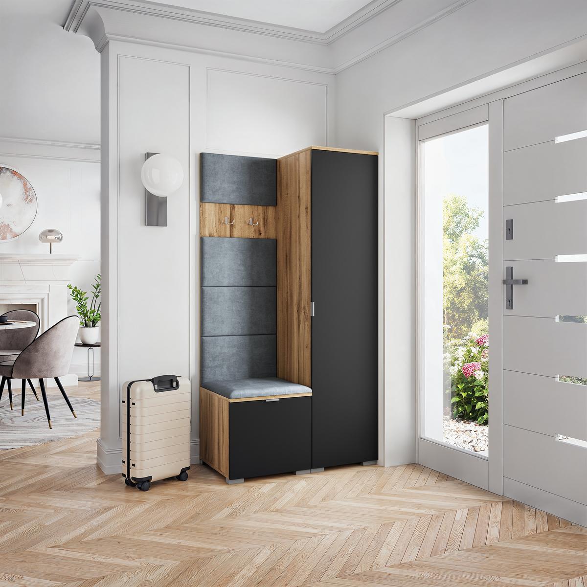 GARDEROBENSCHRANK LORI 95/181/51 cm Modern Garderobe-Set Eiche Wotan - Eiche Wotan/Schwarz, Holzwerkstoff (95/181/51cm) - MASSENO