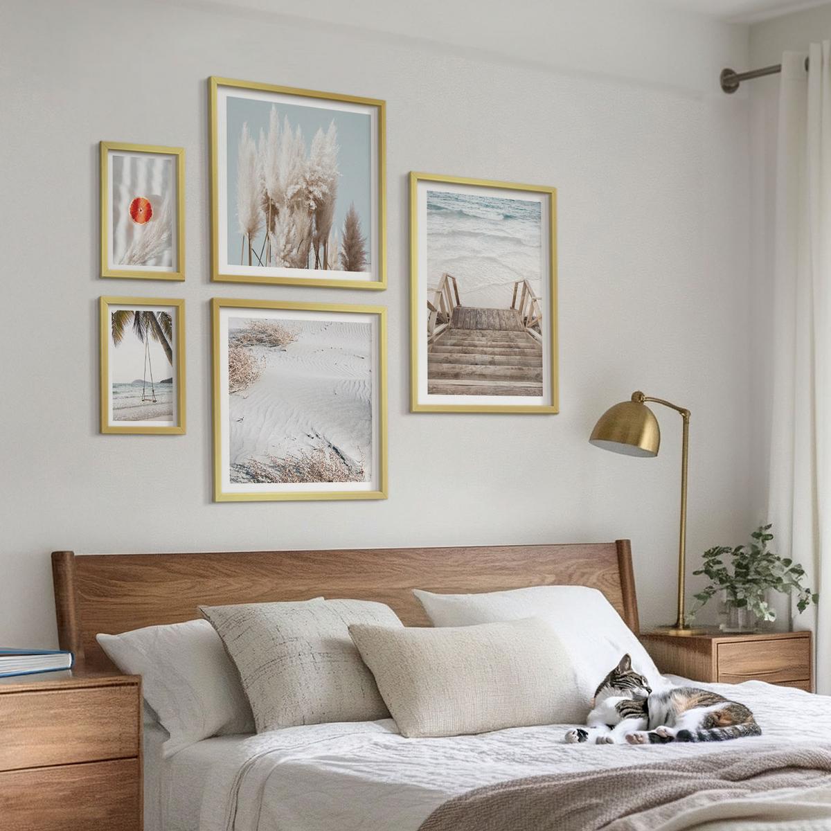 BILDER SET 5er Set - 50x50 cm & 20x30 cm & 40x60 cm Goldrahmen - Strandatmosphäre dank hölzerner Treppen. - Goldfarben, Kunststoff (40/60cm) - TULUP