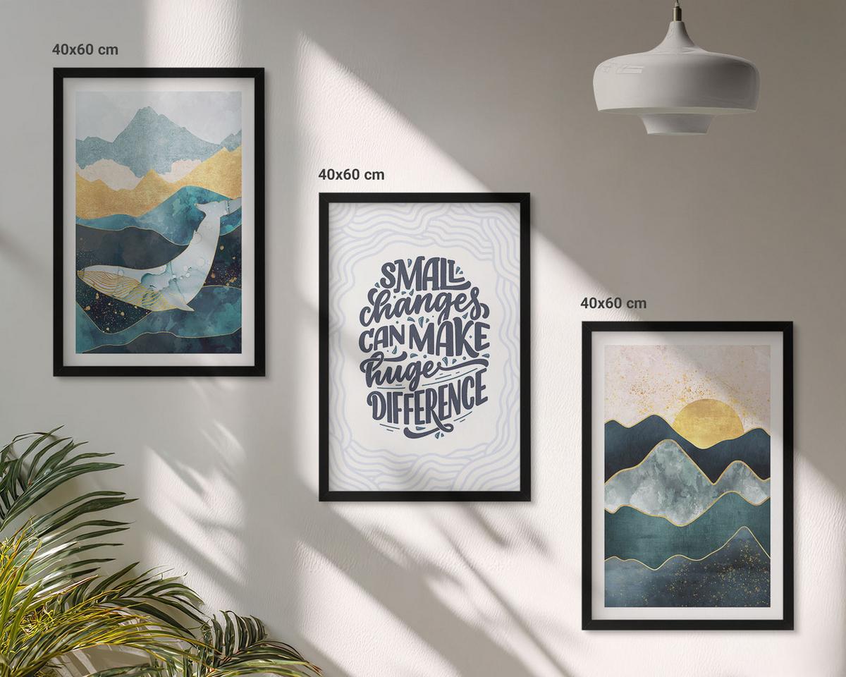 BILDER SET 3er Set - 40x60 cm Schwarzer Rahmen - Abstrakte Berginspiration - Schwarz, Kunststoff (40/60cm) - TULUP