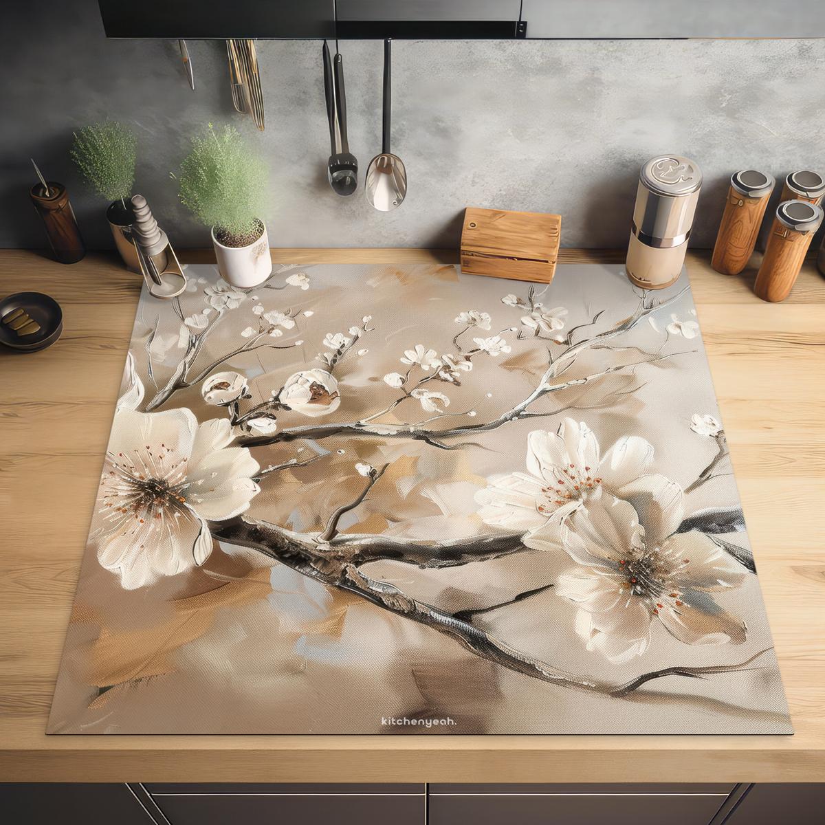 HERDABDECKPLATTE Blumen - Abstrakt - Gemalt - Beige Induktionsmatte 78x78 cm - Kaschmir, Kunststoff (78/78/0.2cm) - MuchoWow