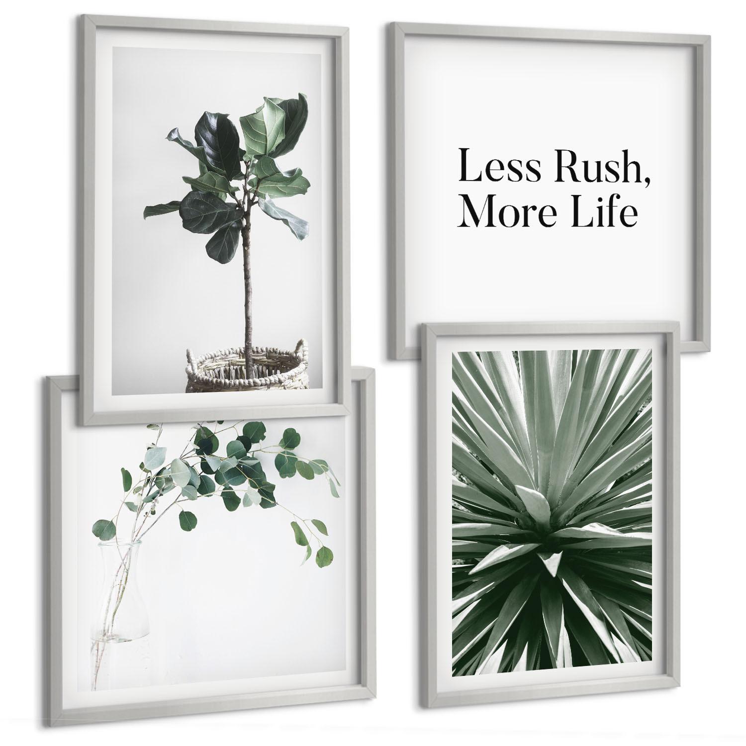 BILDER SET 4er Set - 50x50 cm & 40x60 cm Silberner Rahmen - Minimalismus mit grünen Pflanzen - Silberfarben, Kunststoff (50/50cm) - TULUP