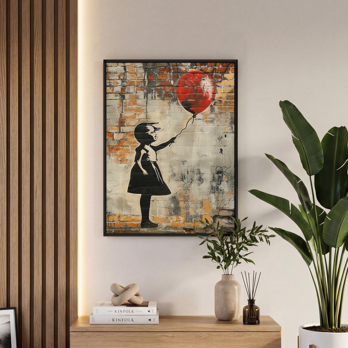 LEINWAND Bilder mit Rahmen - Graffiti - Banksy - Mädchen - Straßenkunst - 60x80 - Sandfarben, Textil (60/80cm) - MuchoWow