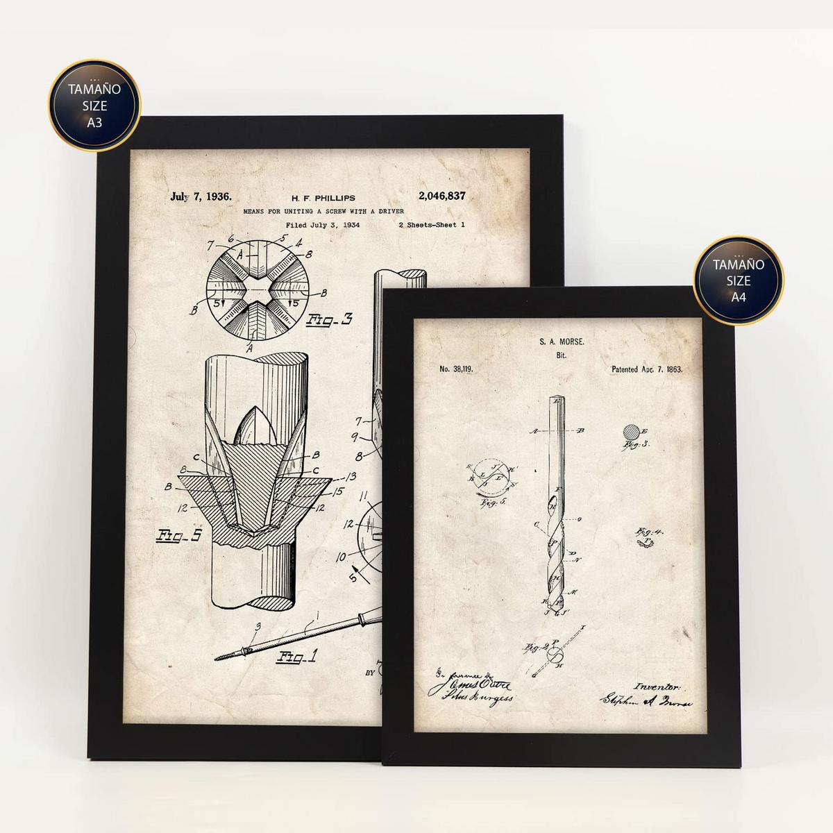 POSTER Set Mit 6 Plakaten Mit Bauwerkzeuge 1 Patenten Im Vintage Stil A3 & A4 Rahmenlos - Klar, Papier (29/3cm) - Nacnic