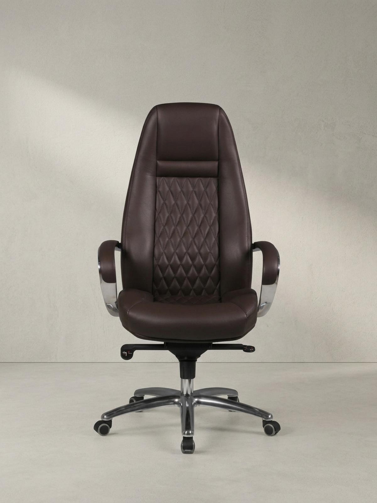 CHEFSESSEL Echtleder mit Aluminiumfußkreuz und ergonomischer Sitzform MADRID, Braun 70x68x130 cm - Silberfarben/Braun, Leder/Metall (70/130/68cm) - KADIMA DESIGN