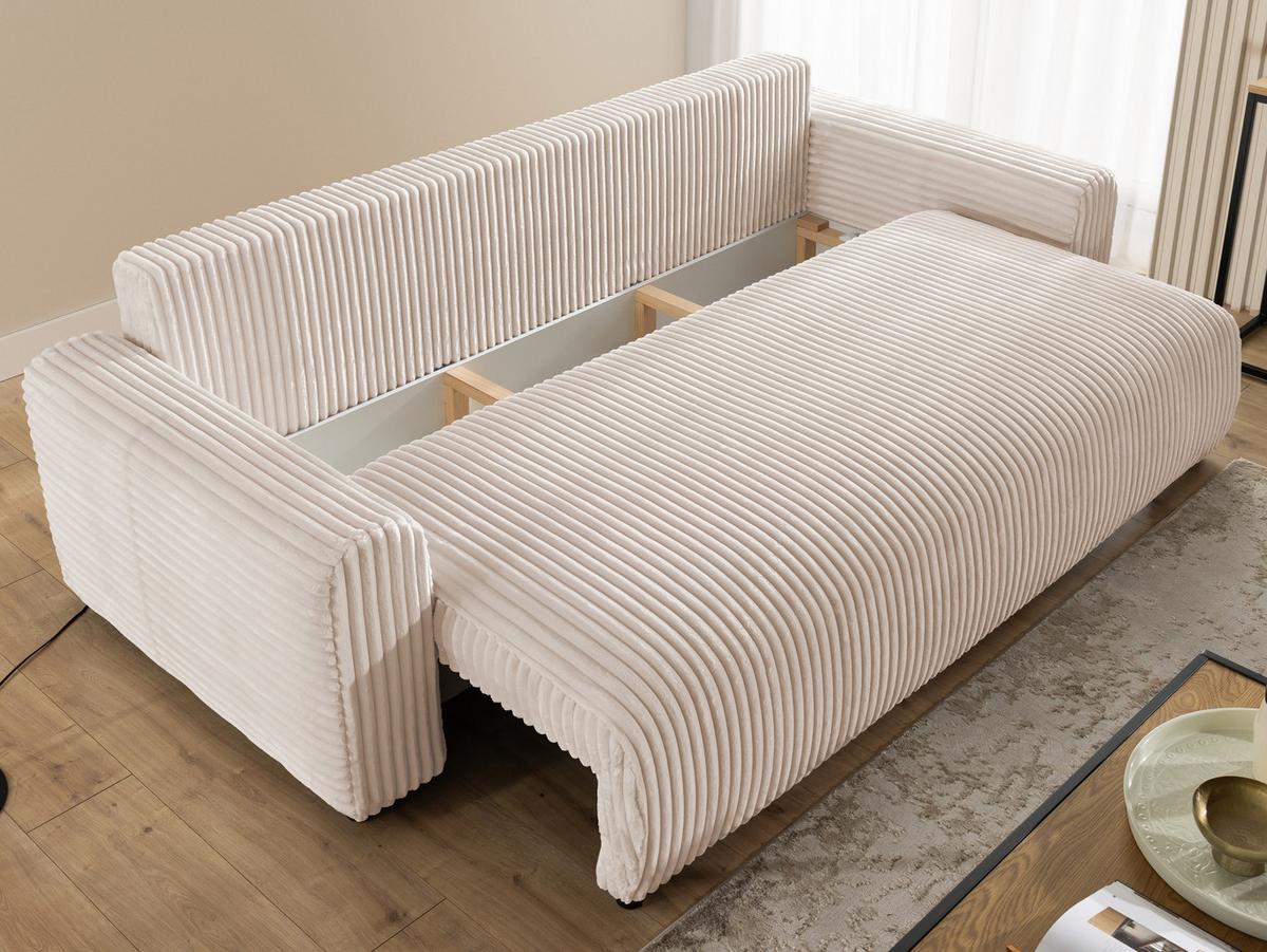 SCHLAFSOFA Calma mit Bettkasten im Bumpy-Design aus weichem Hellbeige Plüschcord - Beige/Schwarz, Holz/Kunststoff (239/88/98cm) - S-Style