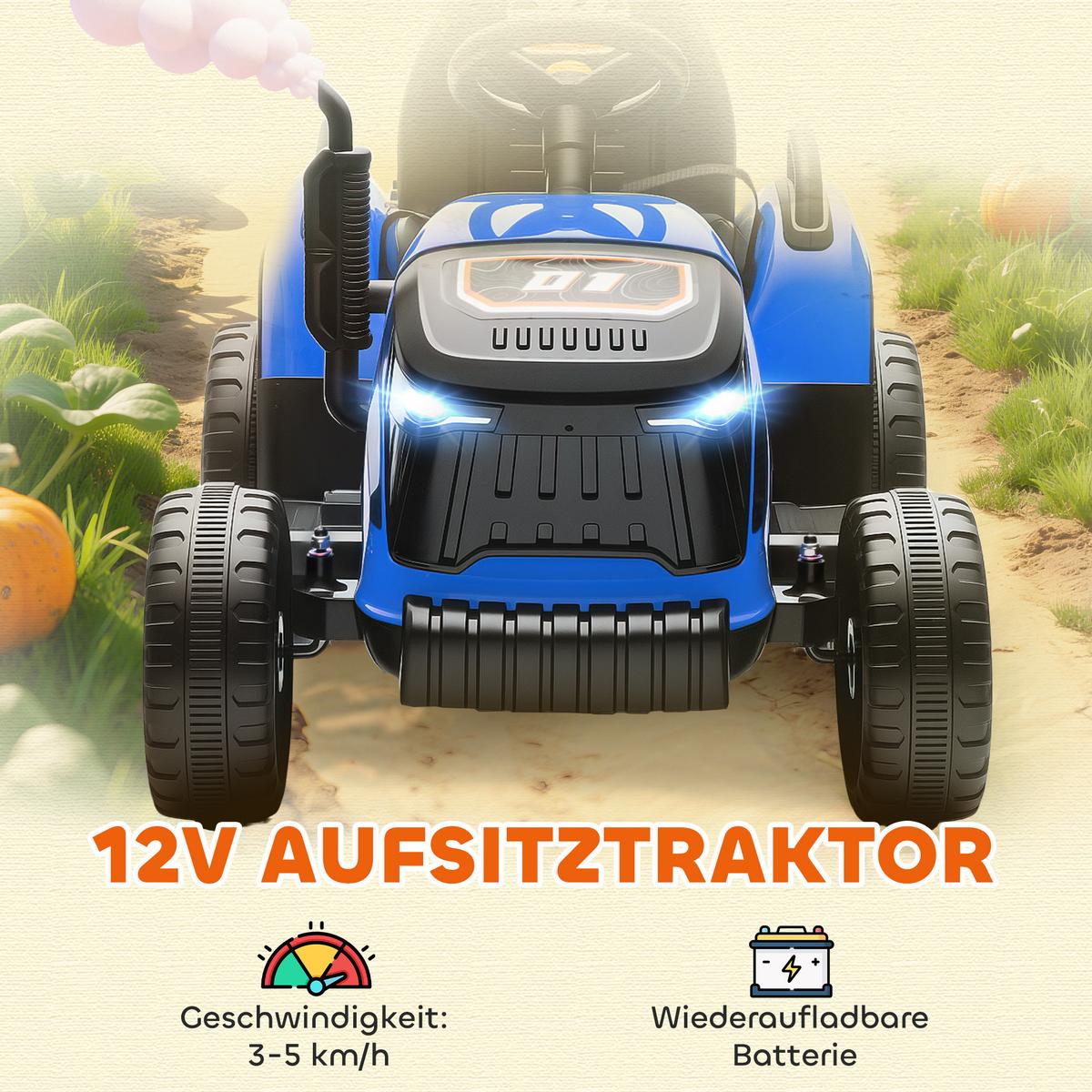 KINDER-ELEKTROTRAKTOR 3-Gang mit Anhänger, 2 Motor, für 3-8 Jahre, Blau - Blau, Metall (139/58/55cm) - AIYAPLAY