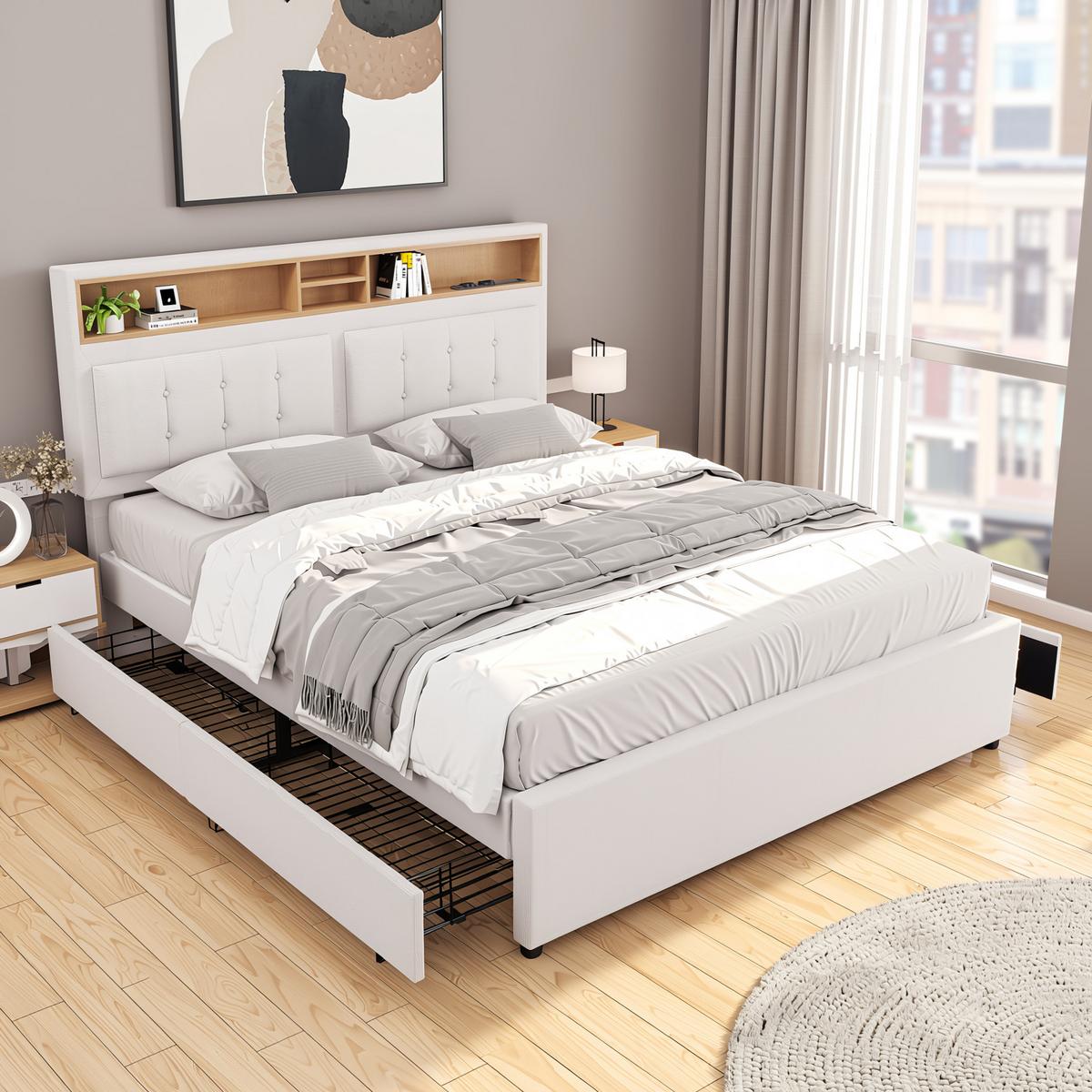 POLSTERBETT leinen-optik beige 140X200 mit 4 schubladen & integrierter ladestation - Eichefarben/Beige, Textil (140/200cm) - Urban Meuble