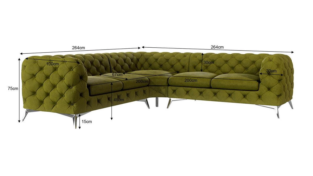 ECKSOFA Chesterfield Laura Olive Samt - Silberfarben/Olivgrün, Holz/Textil (264/264cm) - S-Style