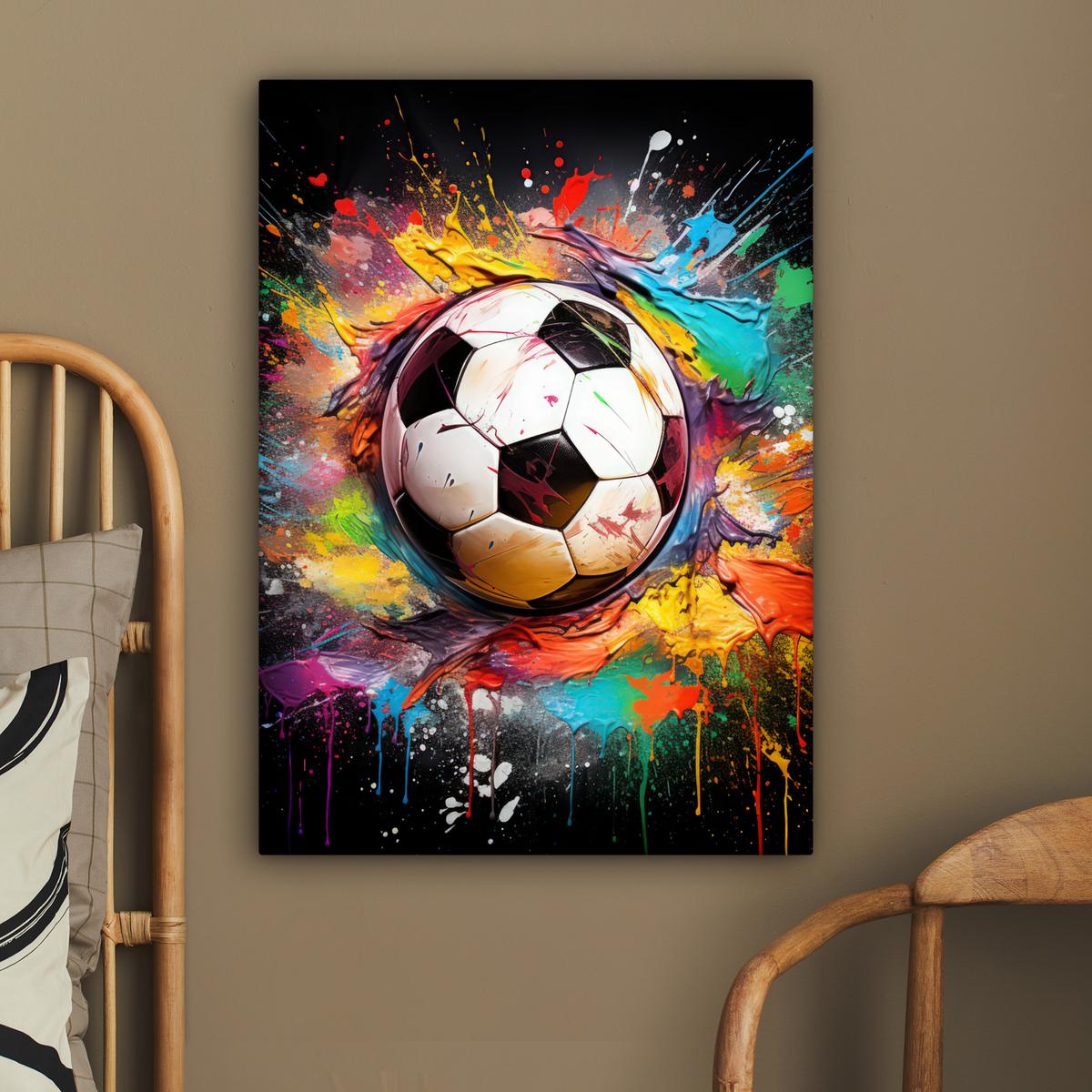 LEINWANDBILD Fußball - Farbe - Farben - Schwarz - Weiß Wandbild Wohnzimmer 60x80 cm - Weiß, Textil (60/80cm) - MuchoWow