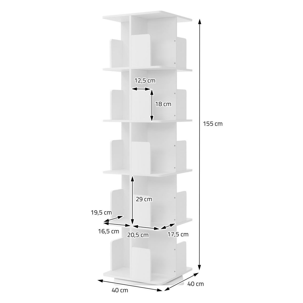 BÜCHERREGAL Kinder mit 5 Ebenen Weiß 40x155x40 cm Drehbar 360 Grad - Weiß, Holzwerkstoff (40/155/40cm) - ML-DESIGN