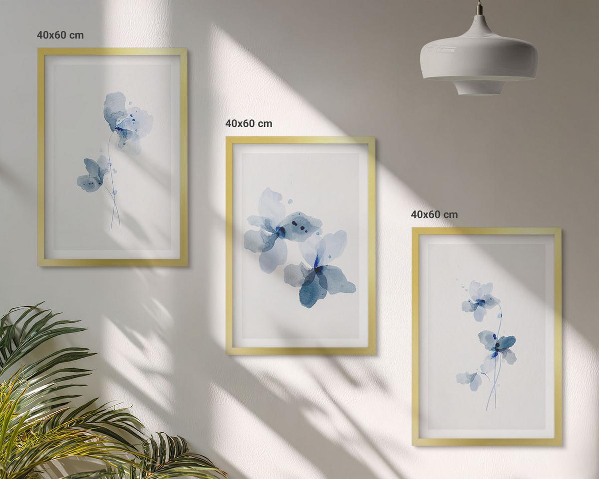BILDER SET 3er Set - 40x60 cm Goldrahmen - Blaue Blumen - Goldfarben, Kunststoff (40/60cm) - TULUP