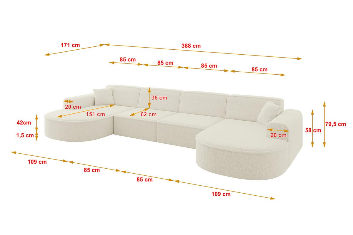WOHNLANDSCHAFT MARI-U2 - 388x171x79 cm Beige Bouclé - Beige/Schwarz, Holzwerkstoff/Kunststoff (388/79/171cm) - ALTDECOR