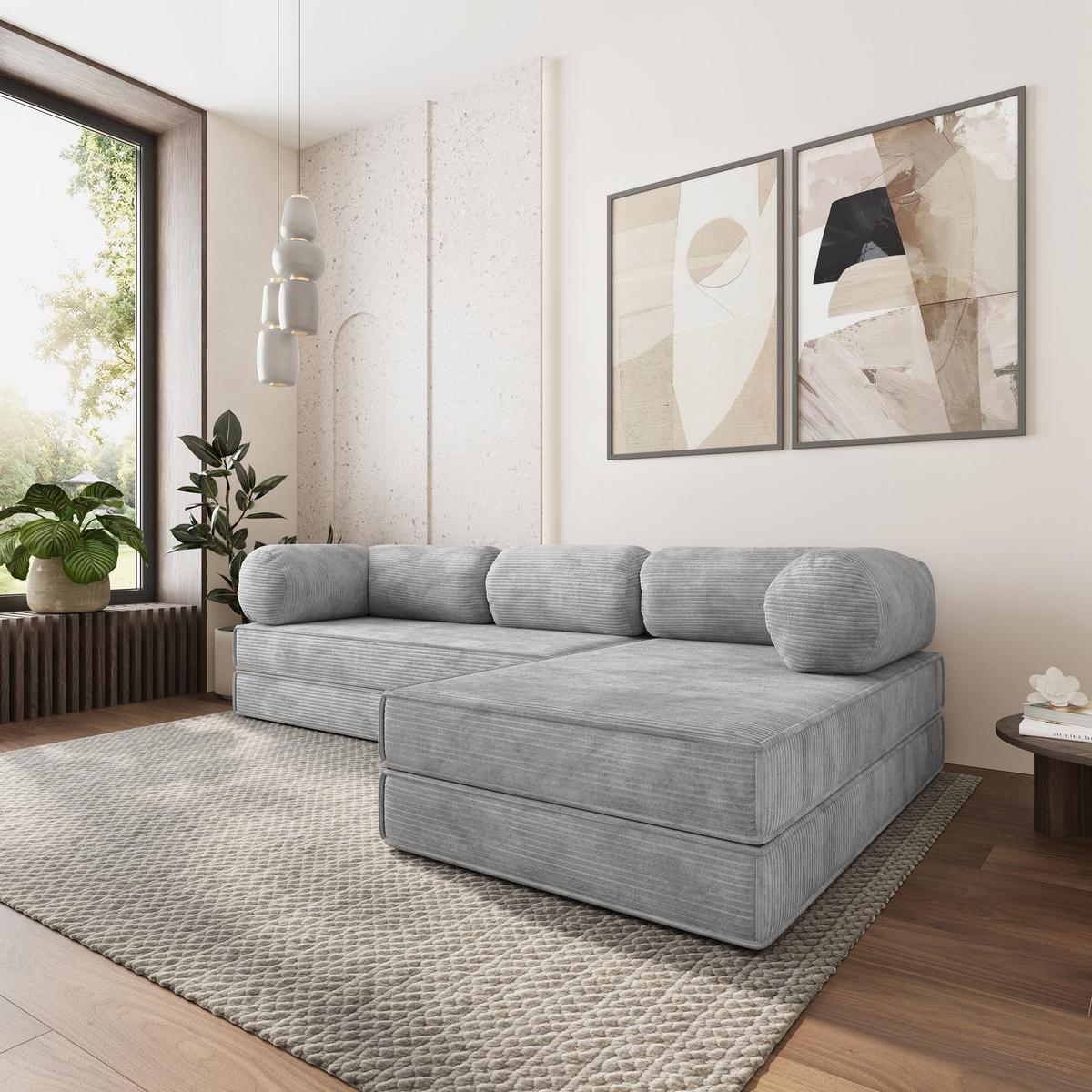 ECKSOFA ETERA modulares Boneless Sofa mit Schlaffunktion Hellgrau Kordstoff - Hellgrau, Textil (270/160cm) - MASSENO