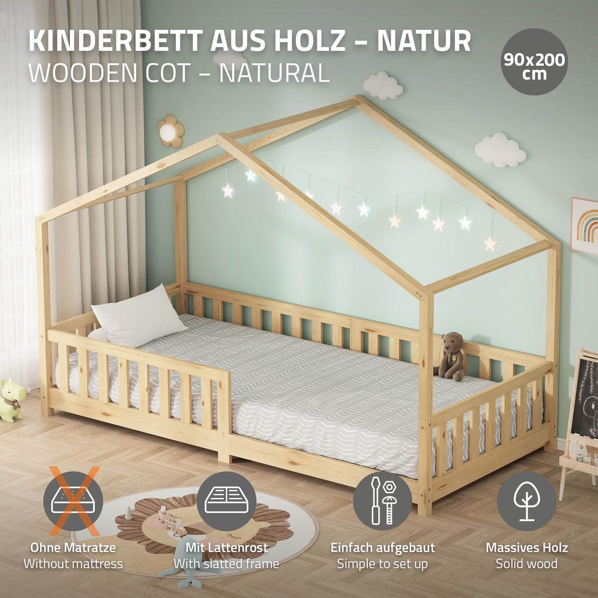 HAUSBETT 90x200 cm Natur aus Kiefernholz mit Rausfallschutz - Beige, Holz (90/200cm) - ML-DESIGN