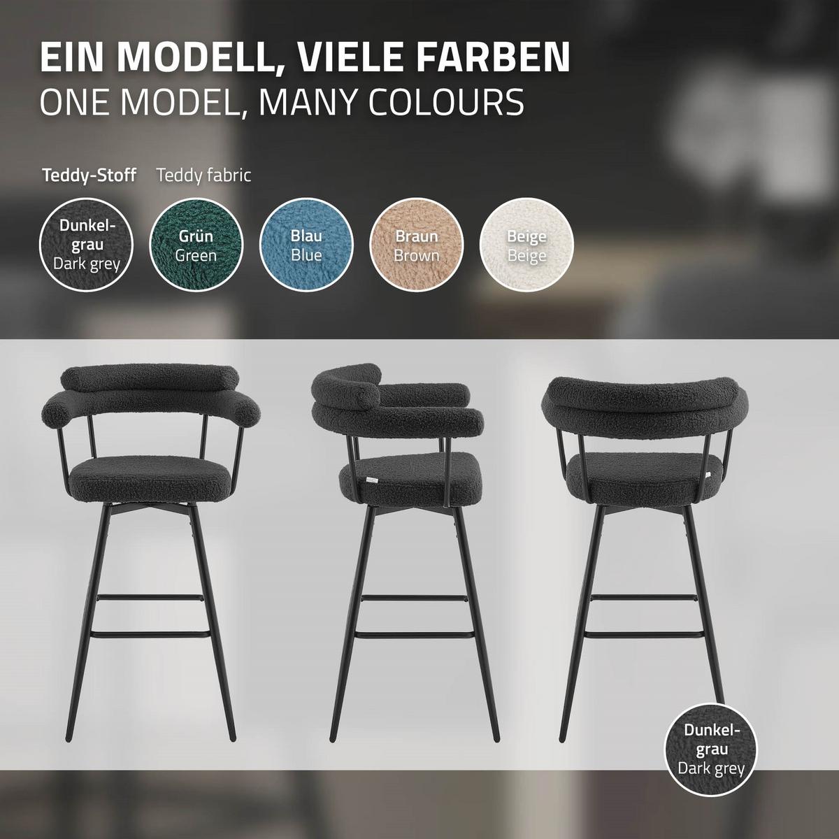 BARHOCKER 4er Set drehbar Dunkelgrau mit Teddy-Stoff 76 cm hoch - Dunkelgrau/Schwarz, Textil/Metall (61/103/55cm) - ML-DESIGN
