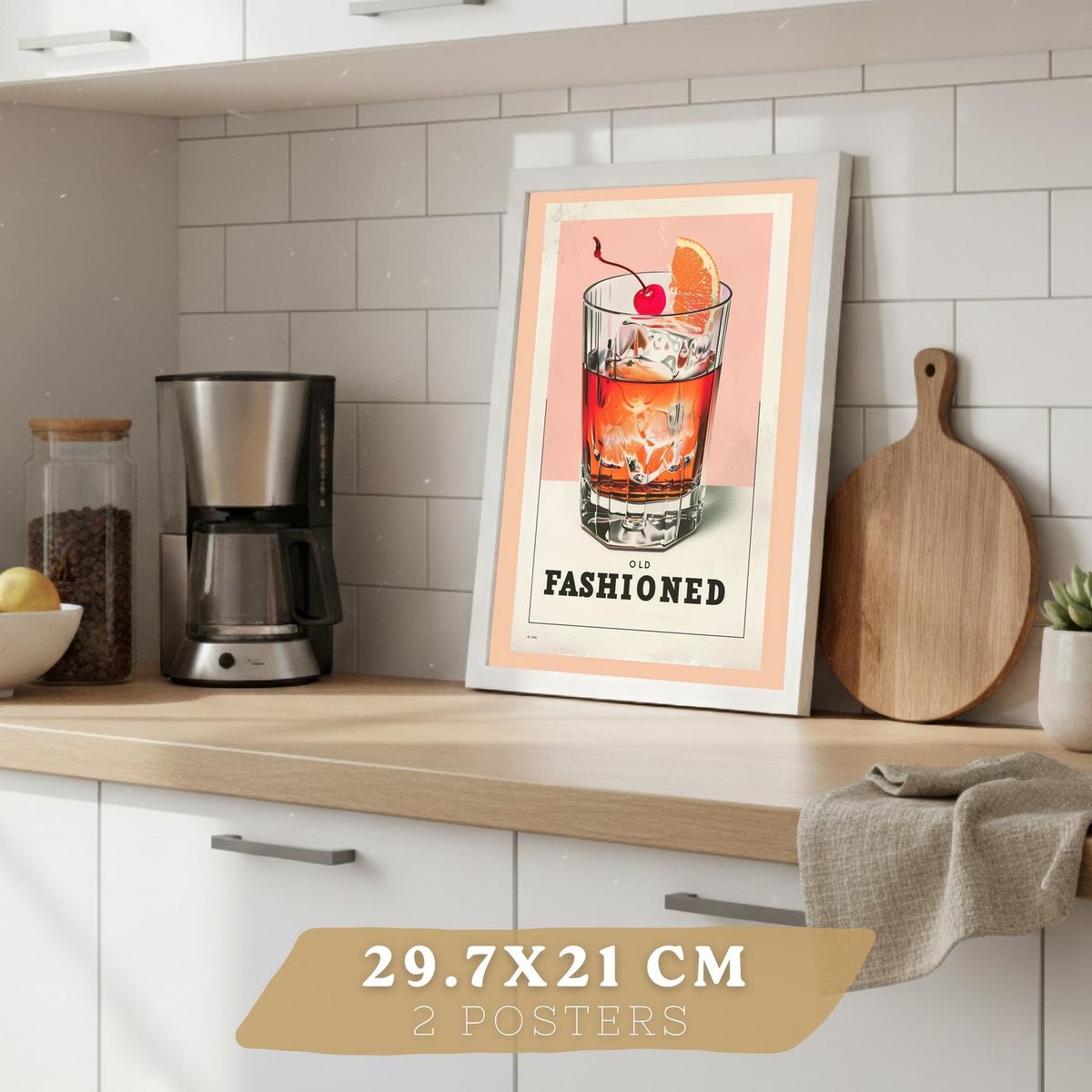 POSTER 2er Set Cocktail-Wandbilder Old Fashioned und Cosmopolitan Vintage Küche Bar Wanddeko Weißer Rahmen A4 - Weiß, Papier (29.7/1/21cm) - Nacnic