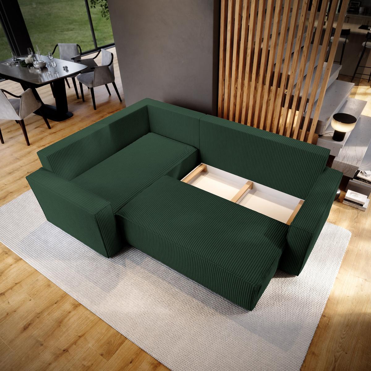 ECKSOFA ESTANO L-S Grün Kordstoff mit Schlaffunktion - Grün, Holz (230/158cm) - MASSENO