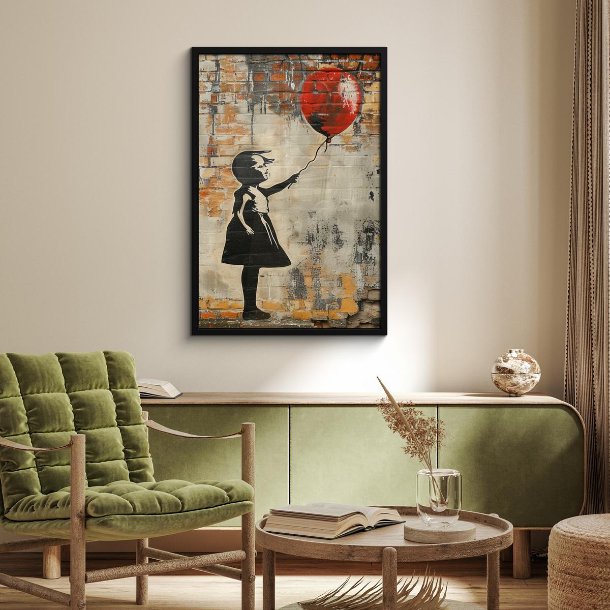 POSTER MIT RAHMENGERAHMTES BILD Graffiti - Banksy - Mädchen - Straßenkunst 60x90 cm - Sandfarben, Papier (60/90cm) - MuchoWow