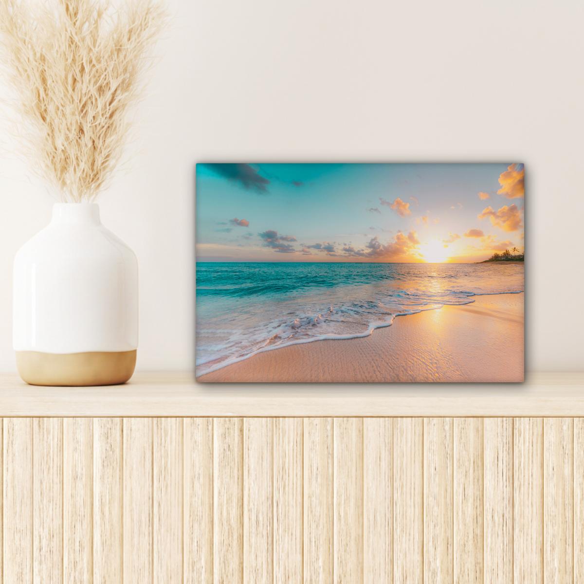 LEINWANDBILD Sonnenuntergang - Strand - Meer - Sommer - Blau Deko Schlafzimmer 30x20 cm - Multicolor, Textil (30/20cm) - MuchoWow