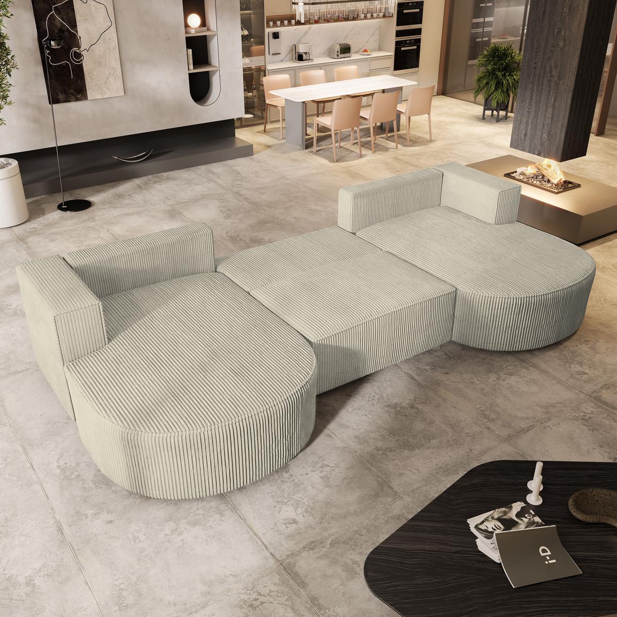 WOHNLANDSCHAFT VEZZO P Creme Kordstoff mit Schlaffunktion - Creme/Grau, Holz/Kunststoff (347/85/174cm) - MASSENO