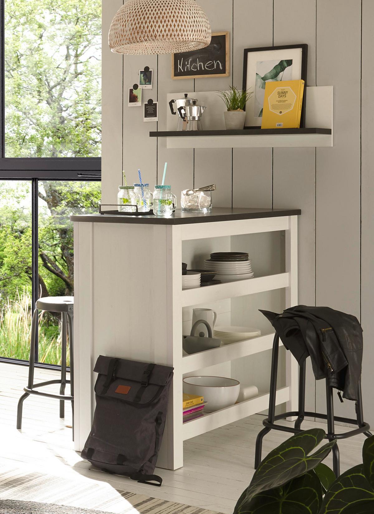 KÜCHEN-SET weiß Pinie, anthrazit Landhaus 5-teilig, Küchenschrank Set mit Theke - Anthrazit/Schwarz, Holzwerkstoff/Metall (133/106/64cm) - Furn.Design