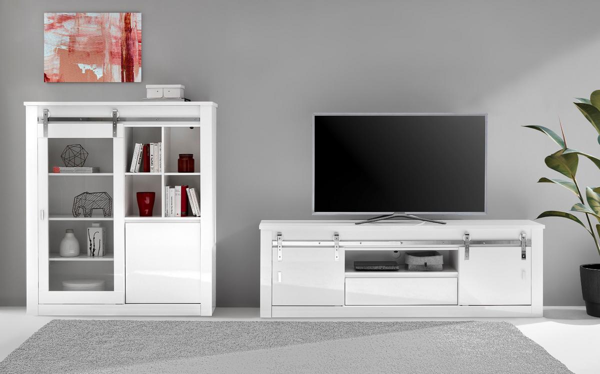 WOHNWAND weiß Hochglanz 2-teilig, Wohnkombination inklusive LED-Beleuchtung - Chromfarben/Weiß Hochglanz, Glas/Holzwerkstoff (349/153/43cm) - Furn.Design
