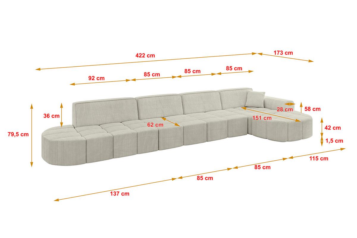 ECKSOFA Ottomane Rechts LIVO-L3 - 422x173x79,5 cm Creme - Hellgrau/Creme, Holzwerkstoff/Textil (422/173cm) - ALTDECOR