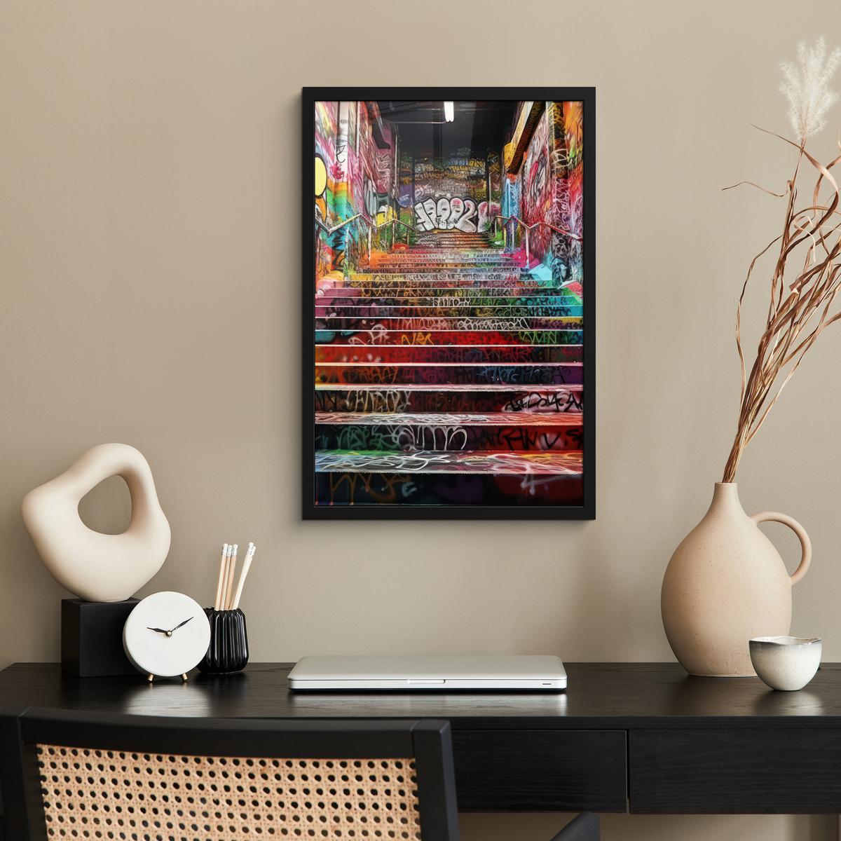 POSTER MIT RAHMEN Treppe - Graffiti - Farben - Kunst Bilder mit Rahmen 40x60 cm - Multicolor, Papier (40/60cm) - MuchoWow