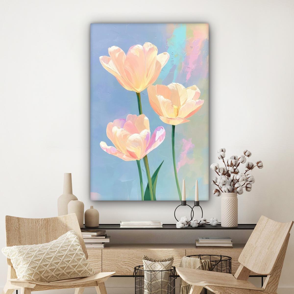 LEINWANDBILD Tulpen - Rosa Akzente - Blau Deko XXL 80x120 cm - Pastellblau, Textil (80/120cm) - MuchoWow
