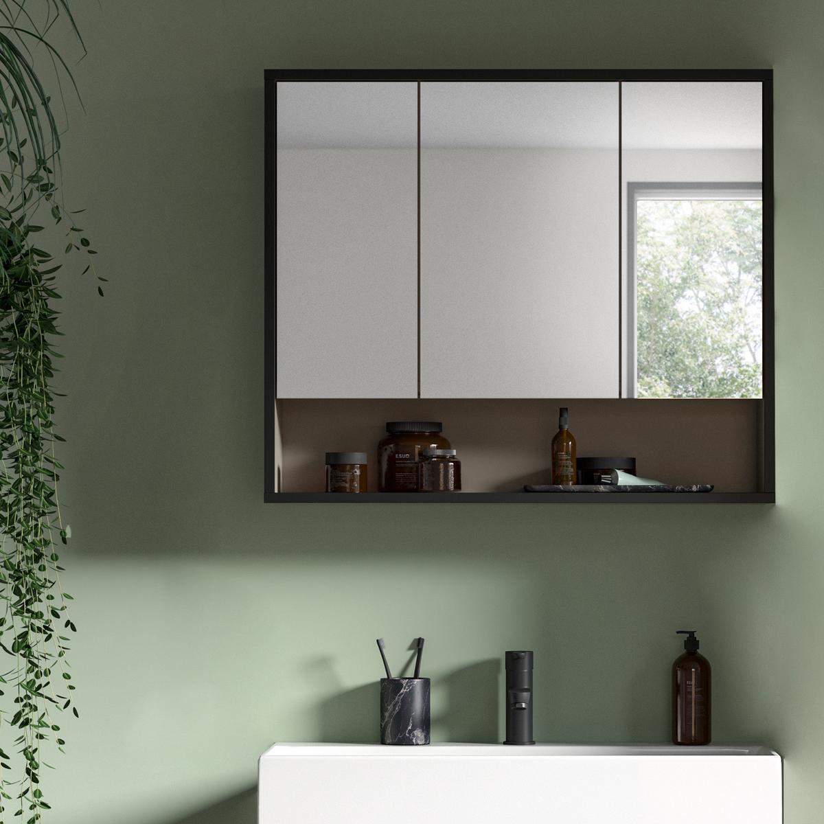 SPIEGELSCHRANK schwarz, sand 80 cm 3-türig, Badschrank mit Soft-Close - Sandfarben/Schwarz, Glas/Holzwerkstoff (80/68/19cm) - Inn.Furn