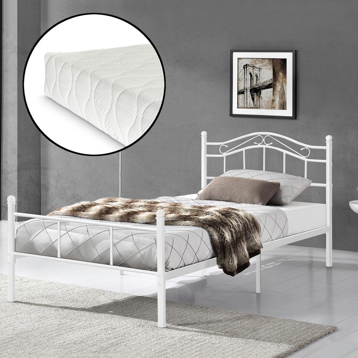 METALLBETT Florenz mit Matratze - Weiß, Textil/Metall (120/200cm) - [en.casa]