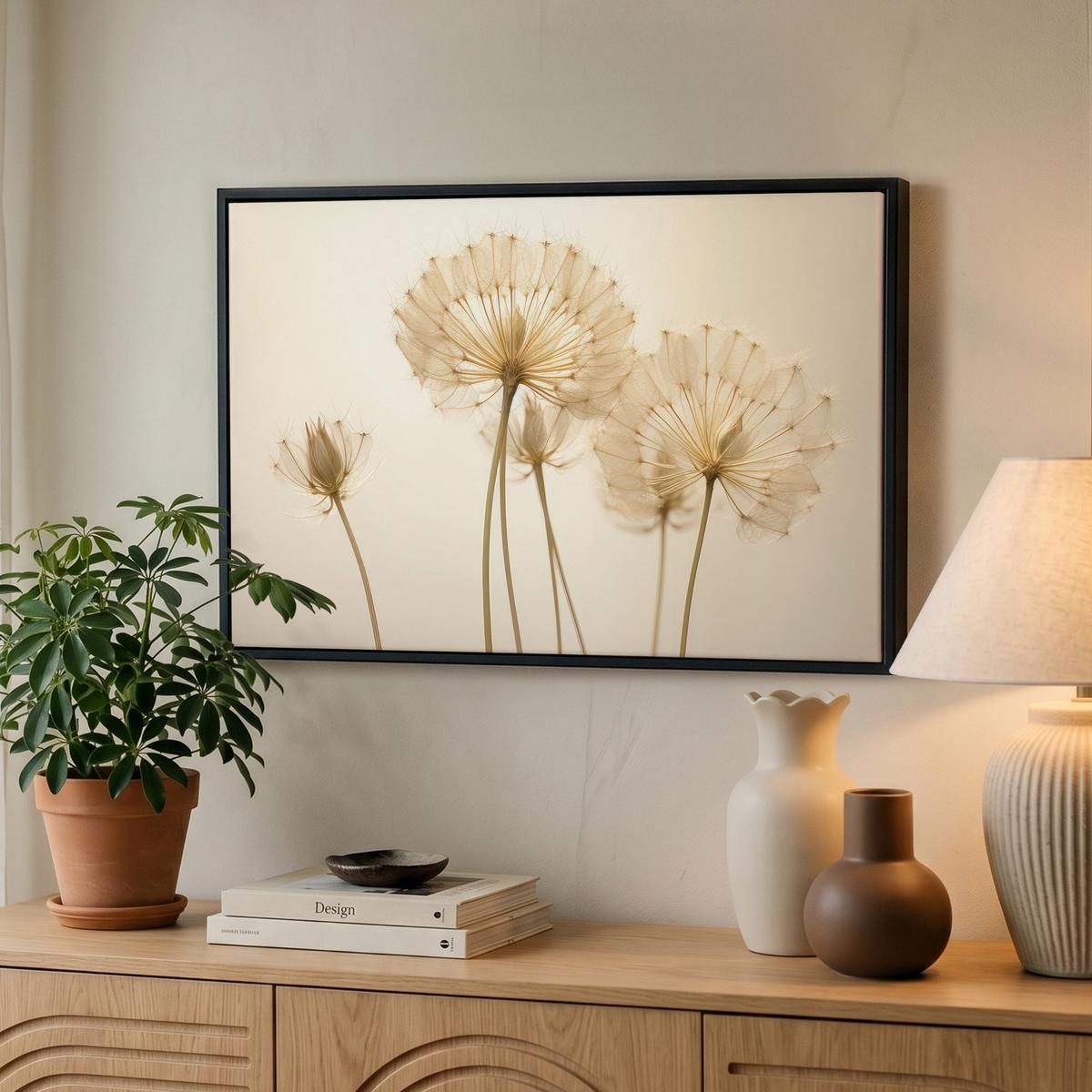 LEINWAND Bilder mit Rahmen - Sonnenlicht - Löwenzahn - Botanisch - Blumen - 60x40 - Creme, Textil (60/40cm) - MuchoWow