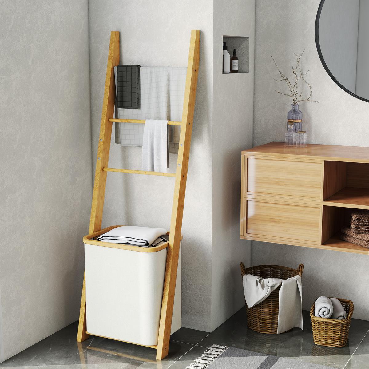 BADEZIMMER-REGAL Bambus Polyester Cremeweiß - Creme, Holz (35/133/43cm) - HOMCOM