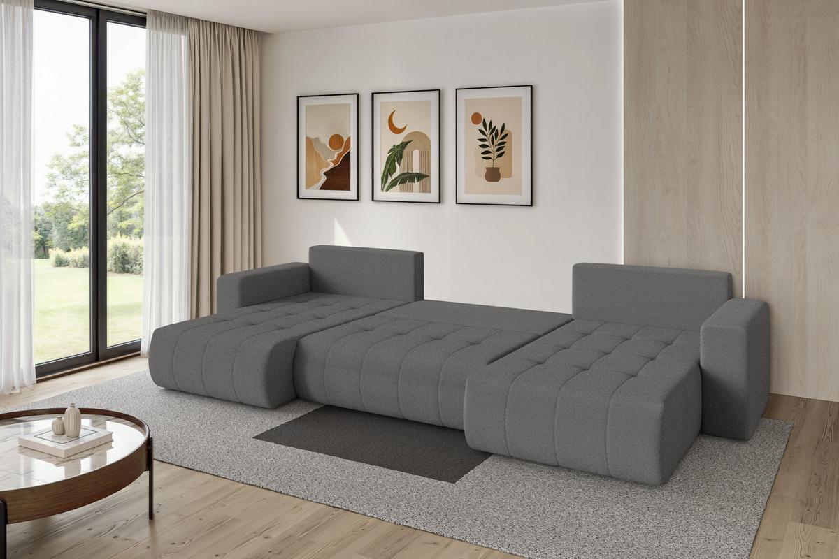 WOHNLANDSCHAFT mit Schlaffunktion und Bettkasten MILA-U 378x194x86 Grau Bouclé - Schieferfarben/Schwarz, Holzwerkstoff/Kunststoff (378/86/194cm) - ALTDECOR