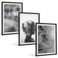 BILDER SET 3er Set - 40x60 cm Schwarzer Rahmen - Waldnebelporträt Baum Löwenzahn - Schwarz, Kunststoff (40/60cm) - TULUP