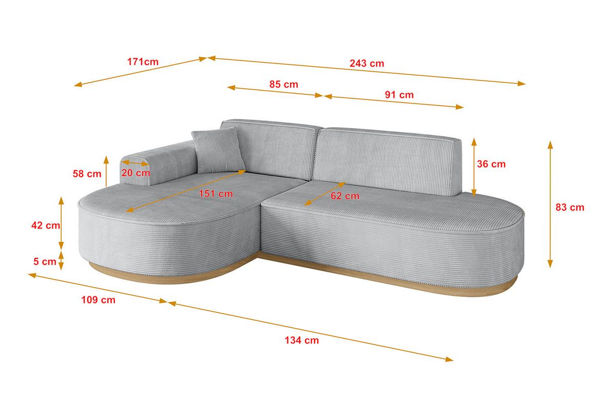 ECKSOFA Ottomane Links MARI-L1-v2 - 243x171x83 cm Grau Cord - Grau, Holzwerkstoff/Textil (243/171cm) - ALTDECOR
