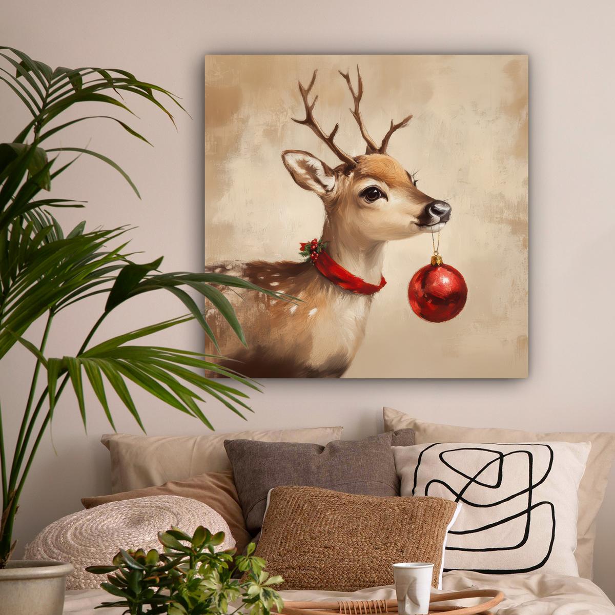 LEINWANDBILD Weihnachten - Hirsch - Geweih - Weihnachtskugel - Rentier Deko Groß 90x90 cm - Hellbraun, Textil (90/90cm) - MuchoWow