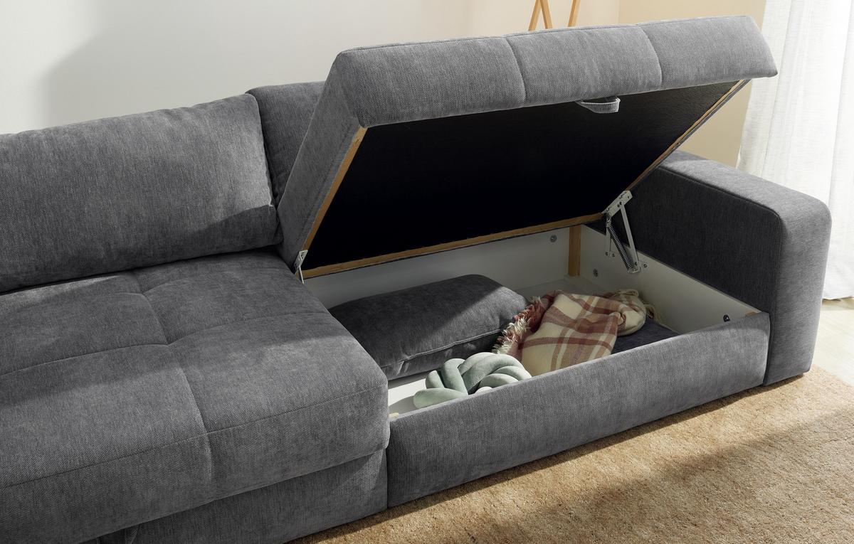 BIG-SOFA mit 2 Bettkästen, viel Stauraum, B274/T113/H84 cm, Liegefläche 103x241 cm, Chenille Grau / 15243 - Schwarz/Grau, Kunststoff/Textil (284/84/113cm) - luma-home
