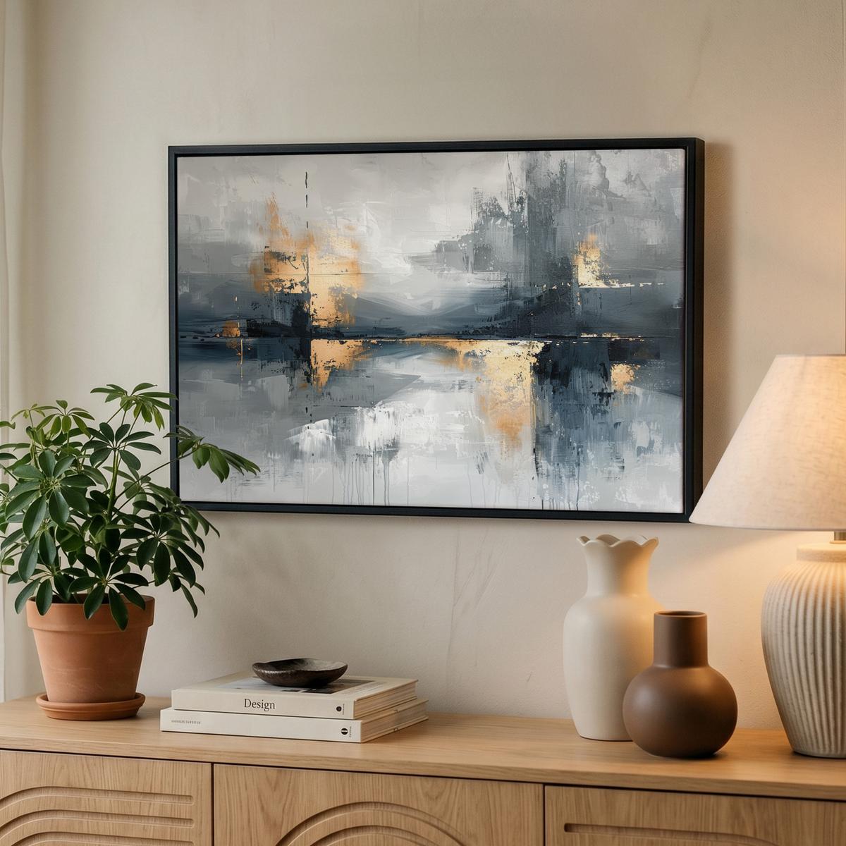 LEINWAND Bilder mit Rahmen - Kunst - Grau - Gold - Abstrakt - 60x40 - Dunkelgrau, Textil (60/40cm) - MuchoWow