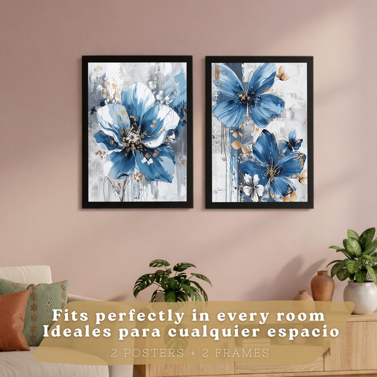 POSTER 2er-Set Wandbilder Blumen Blau Braun modern Wohnzimmer Deko, Schlafzimmer, Küche, Badezimmer Schwarzer Rahmen A4 - Schwarz, Papier (29.7/1/21cm) - Nacnic