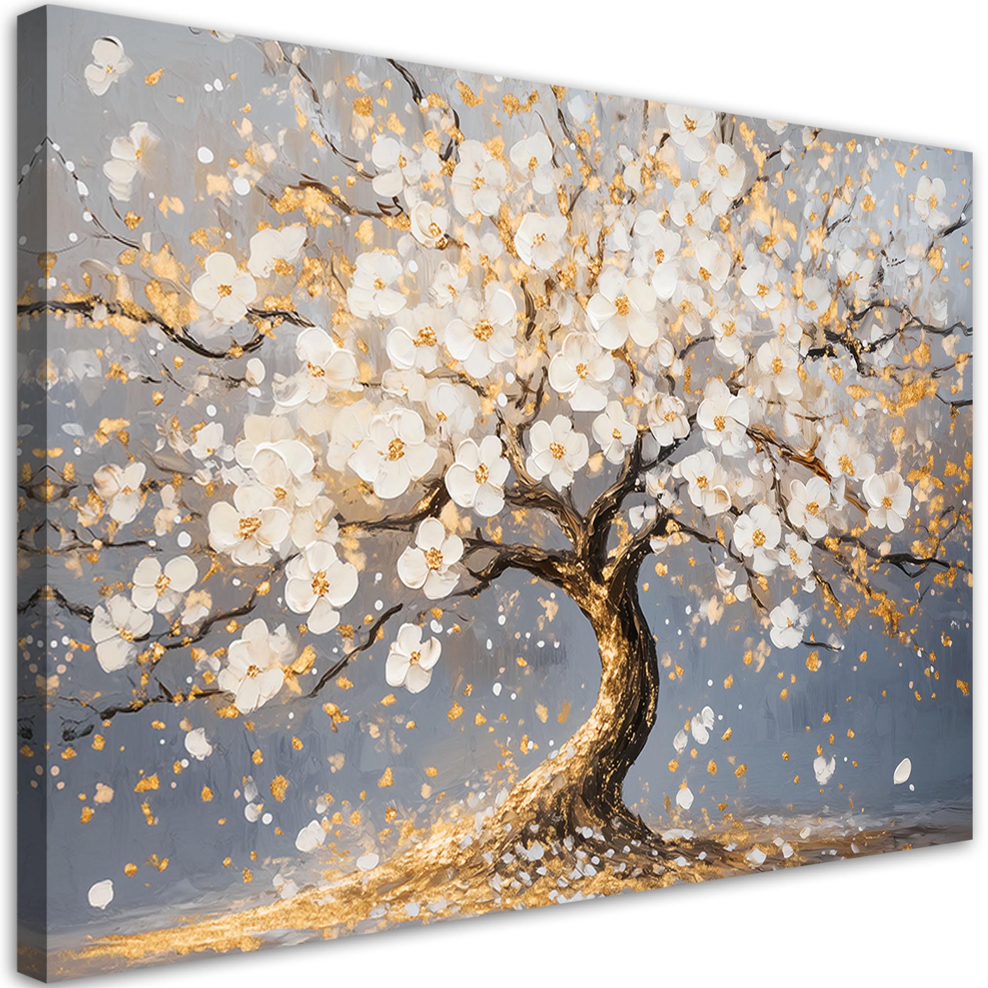 LEINWANDBILD Goldener Baum mit weißen Blumen 60x40cm - Weiß, Textil (60/40cm) - Feeby