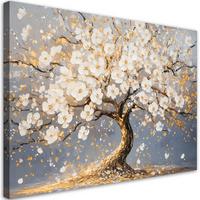LEINWANDBILD Goldener Baum mit weißen Blumen 60x40cm - Weiß, Textil (60/40cm) - Feeby