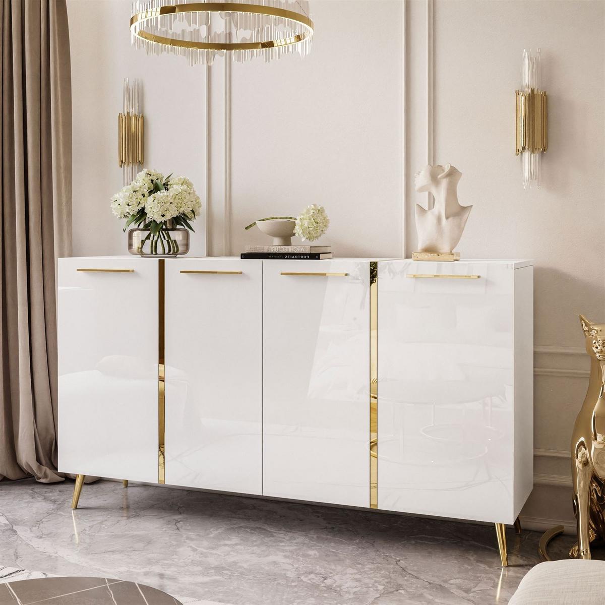 SIDEBOARD ONYX 4T 158 CM AUF GOLDENEN BEINEN - Weiß, Holzwerkstoff (158/88/41cm) - Lookway