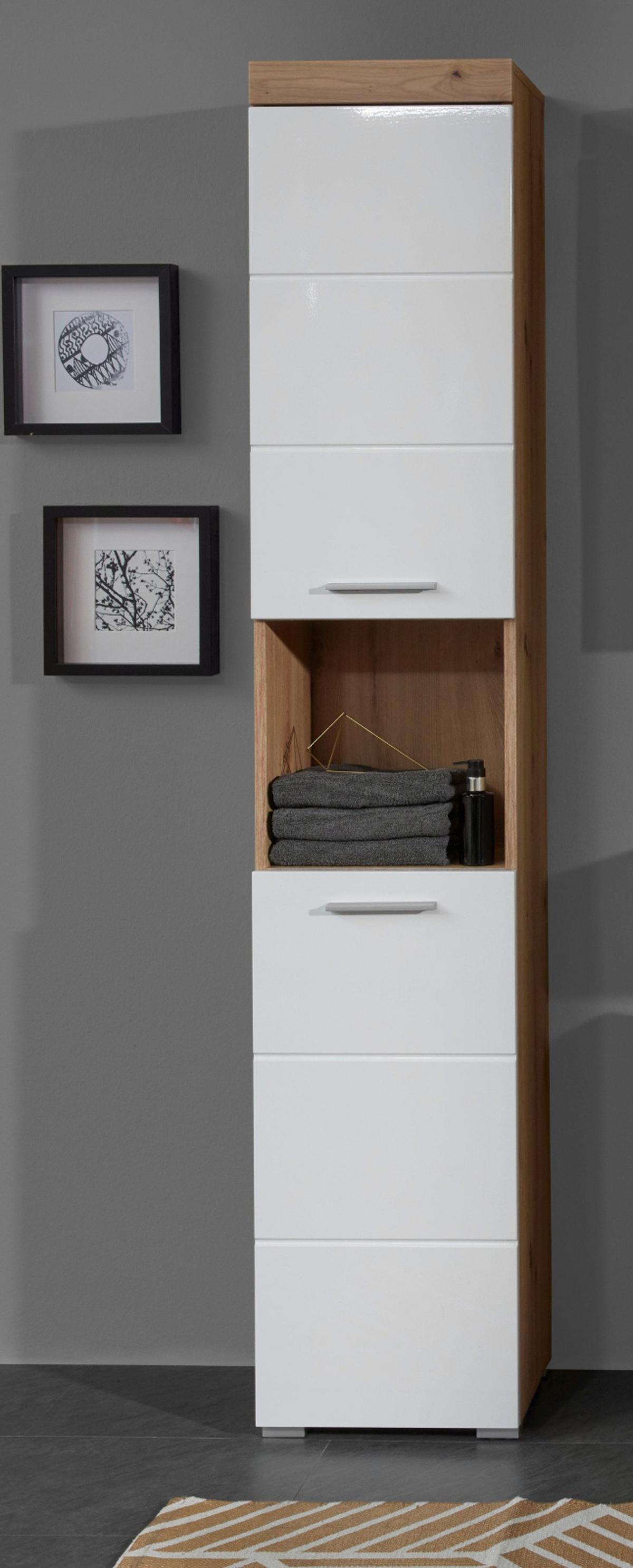 HOCHSCHRANK weiß Hochglanz, Asteiche 37 cm, Badschrank in modernem Design - Eichefarben/Weiß, Holzwerkstoff/Kunststoff (37/190/31cm) - Top.Furn