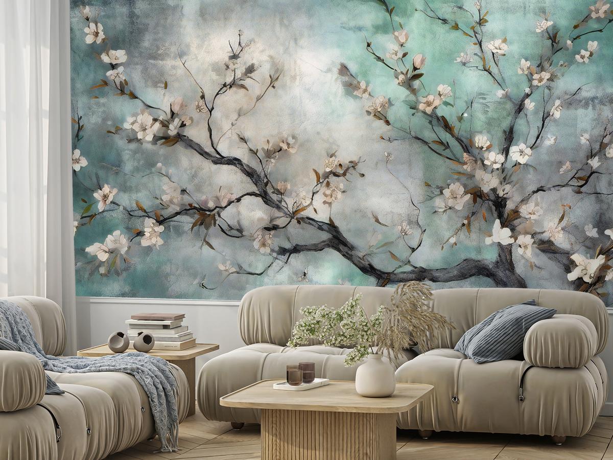 FOTOTAPETE für Schlafzimmer Abstrakte Kirschblüten Beton Pflanzen 150x105 - Beige/Braun, Papier (150/105cm) - Muralo